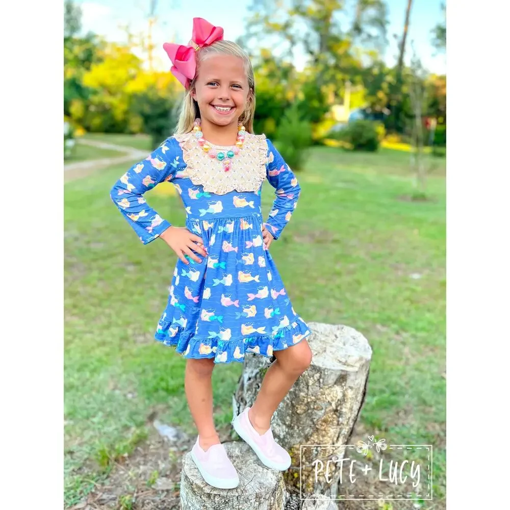 PETE + LUCY Mermaid and Shells Long Sleeve Ruffle Bib Dress 2T